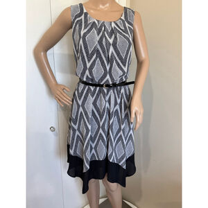 Women's AB Studio lined belted Dress Black White Geometric Print Sz L Sleeveless